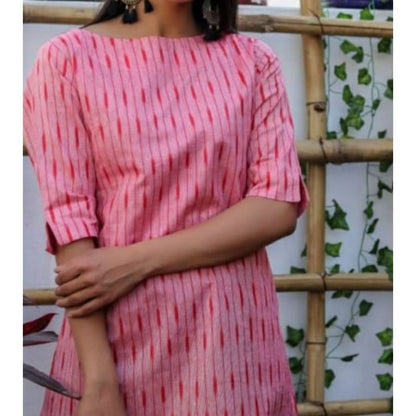 Pure Cotton Light Pink Ikkat Handblock Printed Prestitched Dress (Size 34 to 46)-Indiehaat