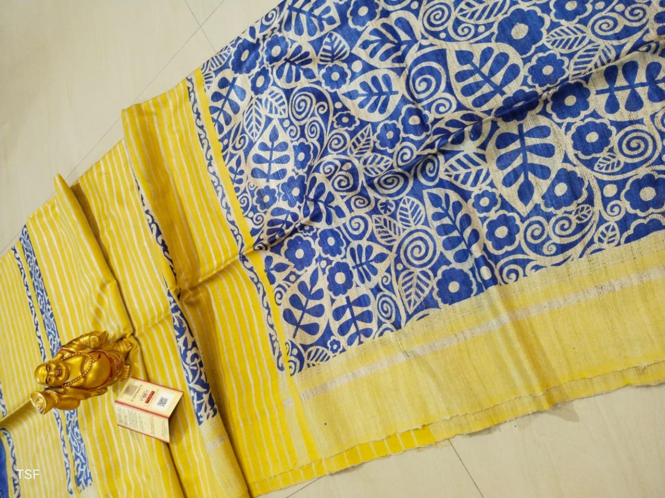 Silkmark Certified Tussar Silk Handloom Handblock Printed Blue and Yellow Saree with Blouse-Indiehaat
