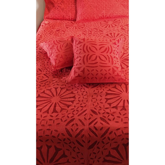 Handcrafted Red Aplique Work King Size Double Bed Cover (7.5 Ft X 9 Ft)
With 2 Pllow Covers And 2 Cushion Covers-Indiehaat