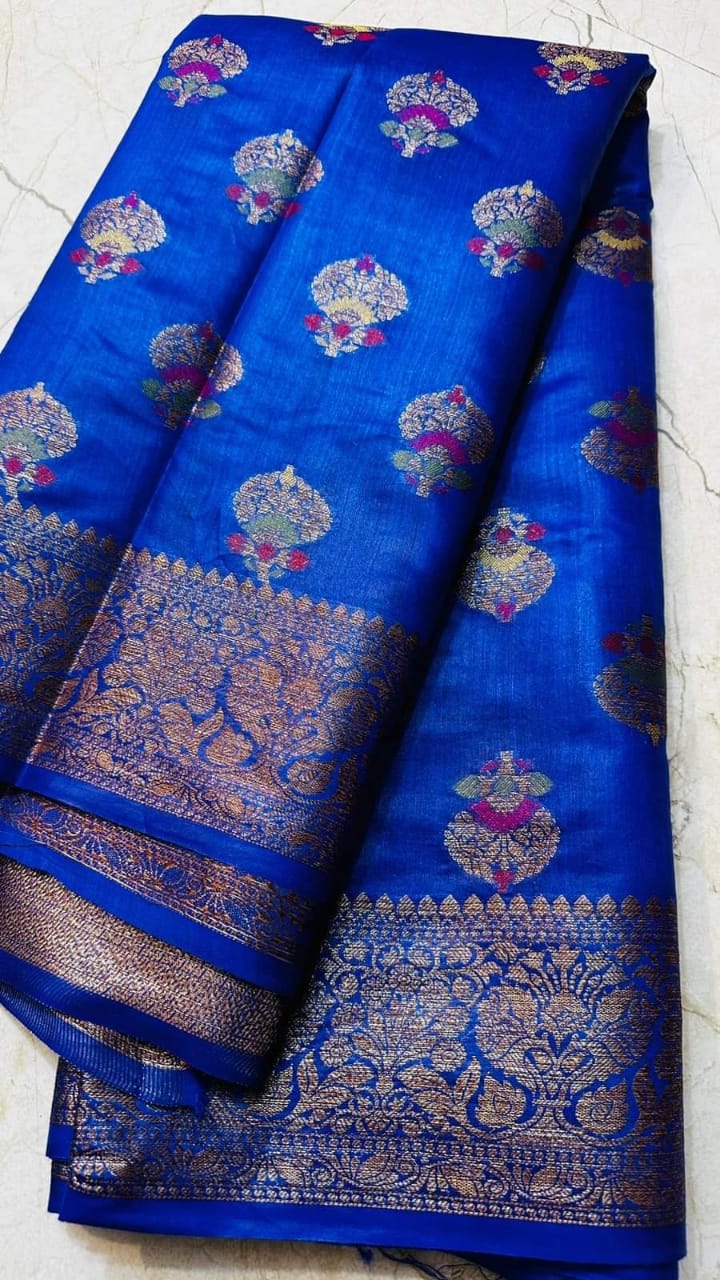 Tussar Moonga Banarasi Silk Saree Blue 13% Off - IndieHaat