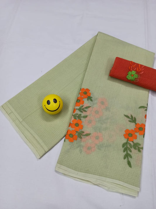 Kota Doria Pale Green Pure Cotton Embroidery Saree With Blouse Handcrafted-Indiehaat