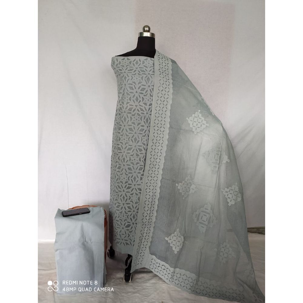 Cotton Applique work Grey Suit with Organdy Dupatta | Indiehaat