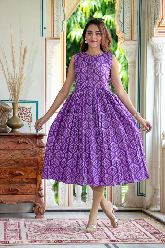 Pure Cotton (60*60) One Piece Dress Sleeveless Dark Purple Color Handblock Printed (Size: S-XXXL, 34-44) - IndieHaat