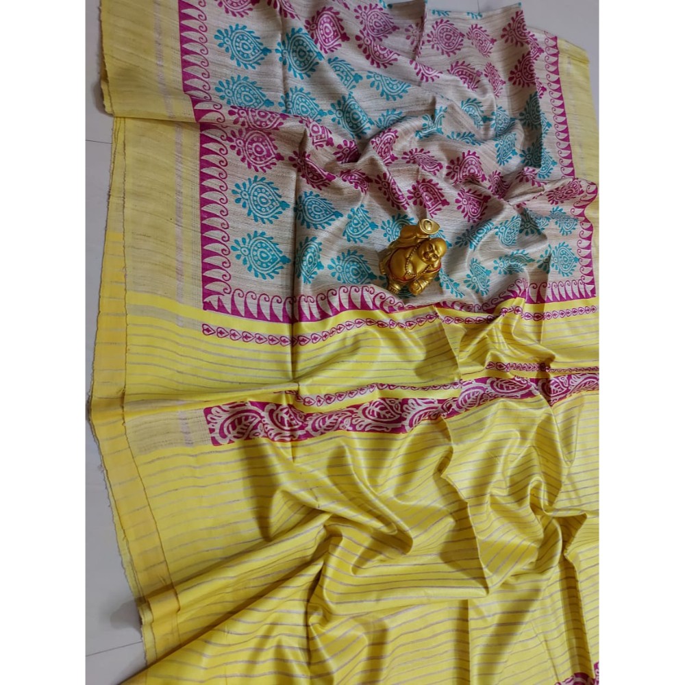 Silkmark Certified Tussar Silk Handloom Handblock Printed Yellow Saree with Blouse-Indiehaat