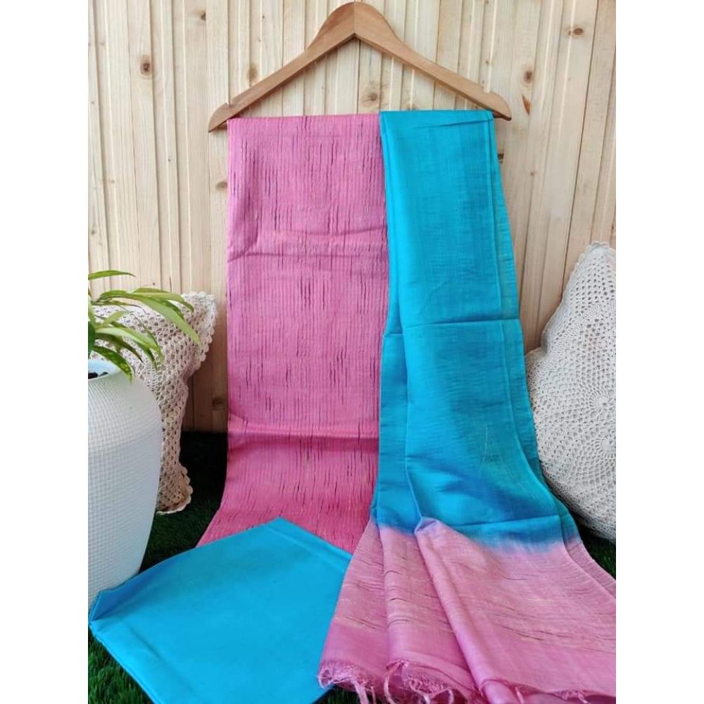 Katan Silk Pink Suit Piece with Blue Bottom and Dupatta-Indiehaat