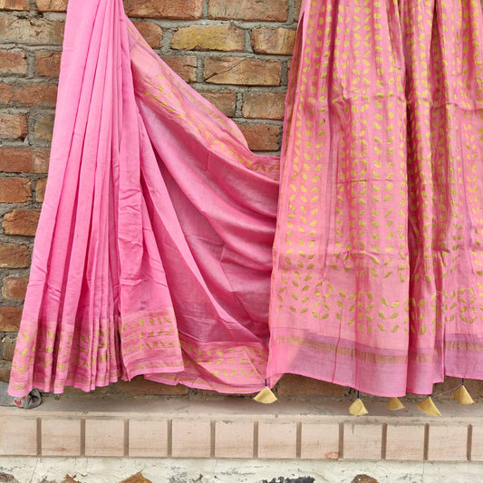 Chanderi Silk Pink Saree Hand Applique Work with running blouse-Indiehaat