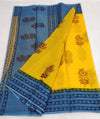 Kota Doria Handblock Printed Yellow Saree with blouse-Indiehaat