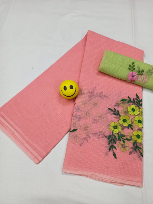Kota Doria Peach Pure Cotton Embroidery Saree With Blouse Handcrafted-Indiehaat