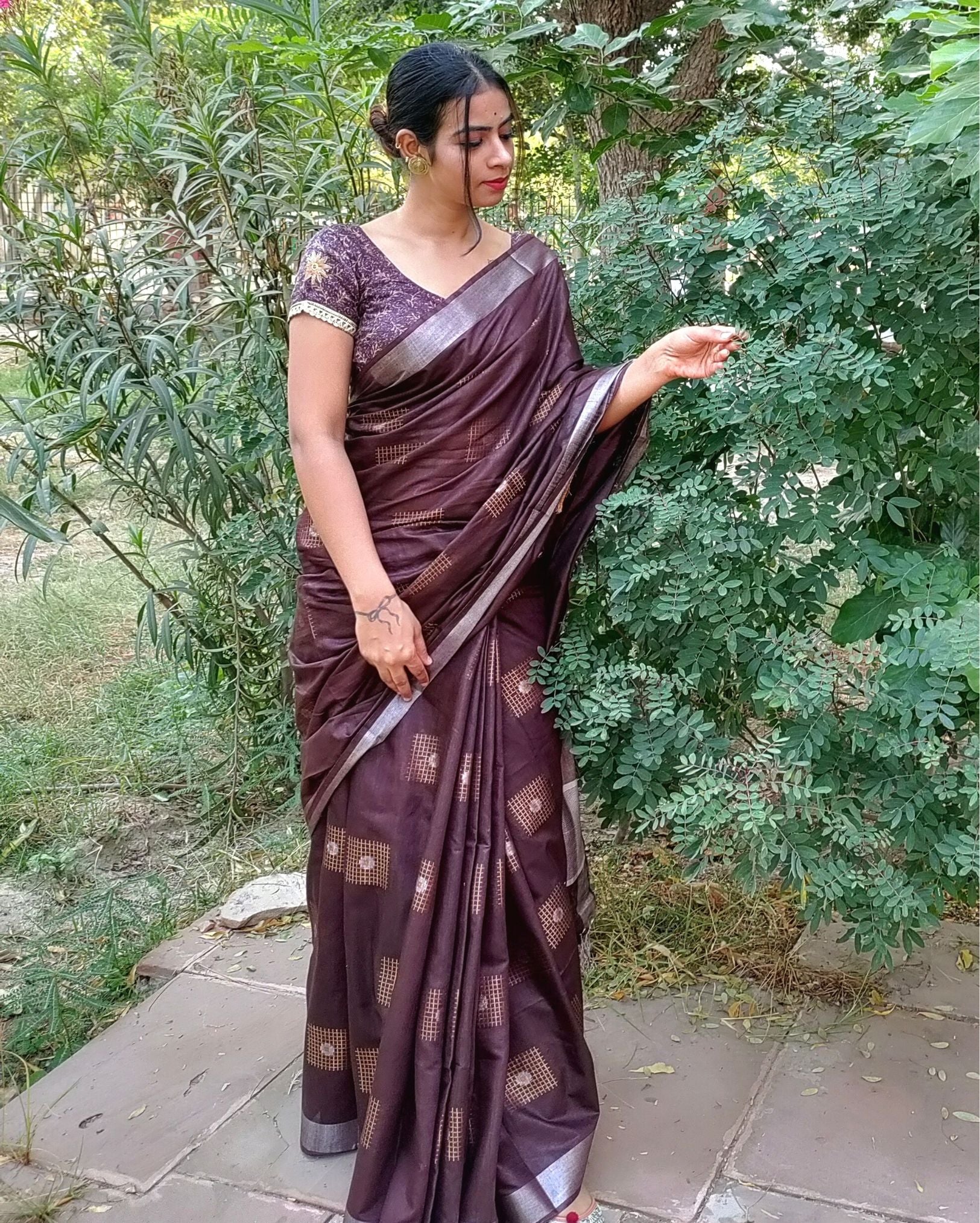 Pure Kota Silk Saree Brown Color Weaving Jaquard - IndieHaat
