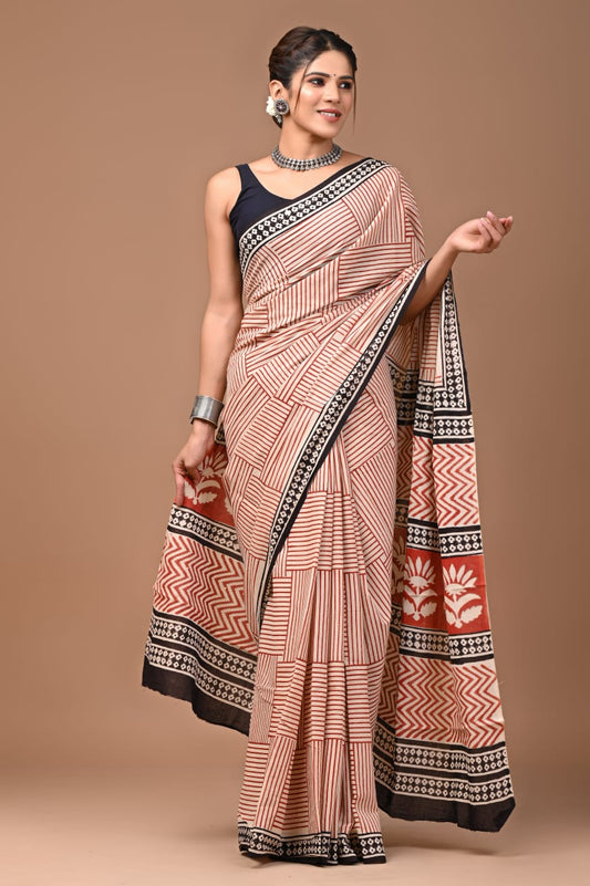 Mulmul Cotton Saree Pale Beige Color Handblock Printed with running blouse - IndieHaat