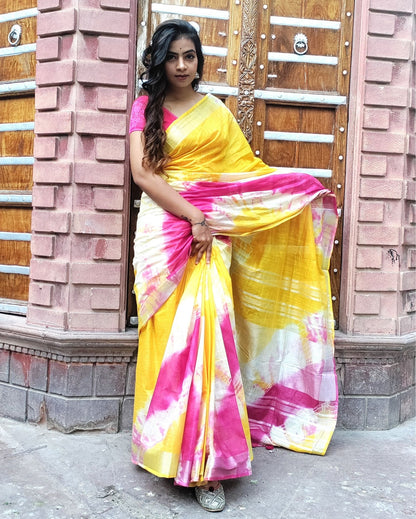 Green And Pink Combo Fabric Linen Cotton Saree With Blouse