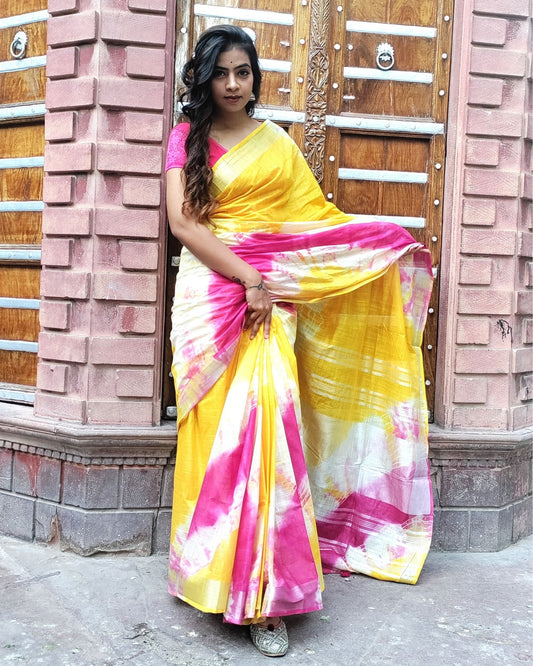 Cotton Linen Saree Yellow & Pink Color Shibori Hand Dyed with running blouse - IndieHaat