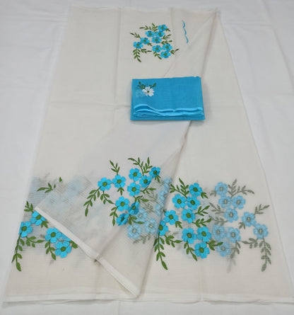 Kota Doria White Pure Cotton Embroidery Saree With Blouse Handcrafted-Indiehaat