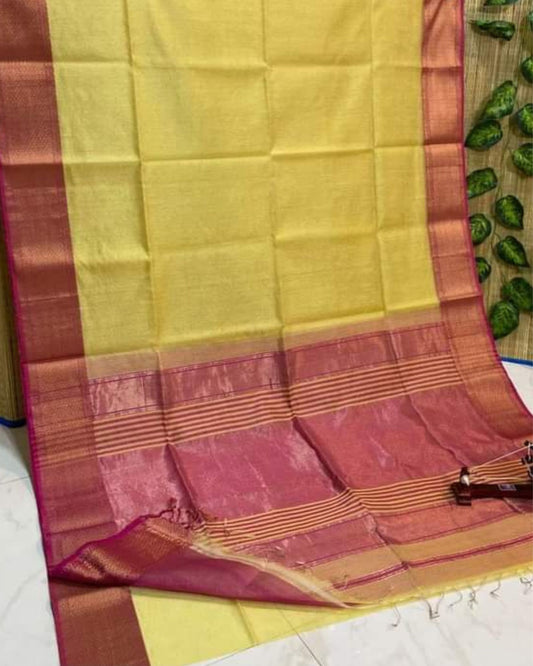 Pure Maheshwari Handwoven Tissue Silk Saree Golden Yellow Color with running blouse - IndieHaat