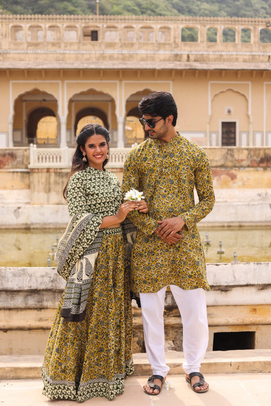 Handblock Printed Cotton Lehanga with Mulmul Dupatta and Kurta Pyjama Combo (Size: 32-46) Mustard Yellow Color-Indiehaat
