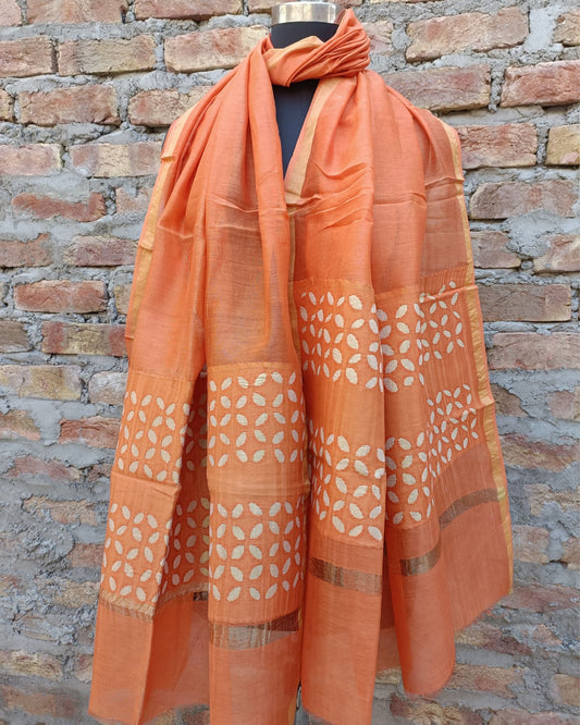 Chanderi Silk Dupatta Tangerine Orange Color Applique Work - IndieHaat