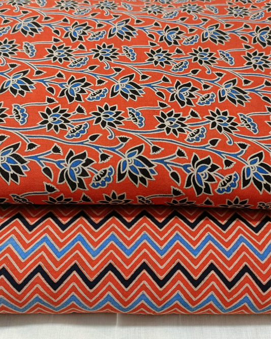 Indiehaat Cotton Orange Suit Ajrakh Printed( Top and Bottom Only| 2.5 meter each