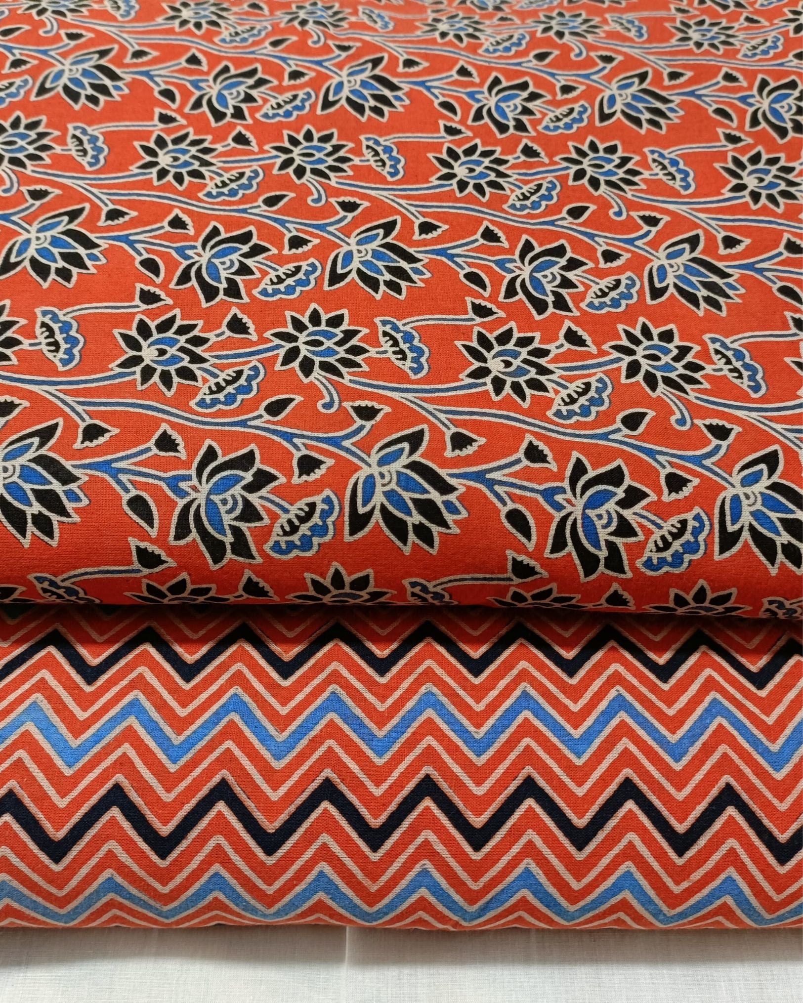 Indiehaat Cotton Orange Suit Ajrakh Printed( Top and Bottom Only| 2.5 meter each