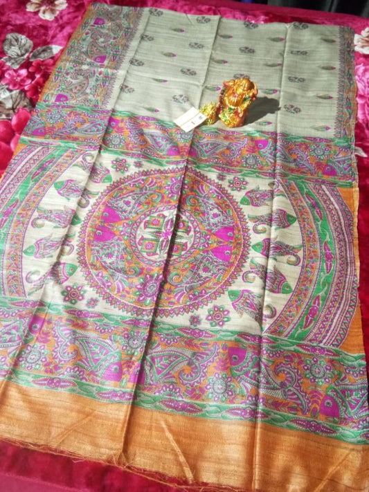 Silkmark Certified Tussar Silk Handloom Handblock Printed Saree with Blouse-Indiehaat