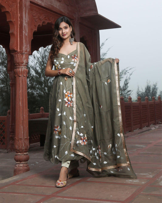 Organza Stitched Suit Gray Olive Color Hand painted - IndieHaat