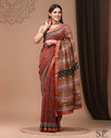 Pure Maheshwari Silk Saree Red-Brown Handblock Printed with running blouse