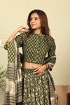 Handblock Printed Cotton Lehanga And Top With Mulmul Dupatta (Size: 34-46) Green Color-Indiehaat