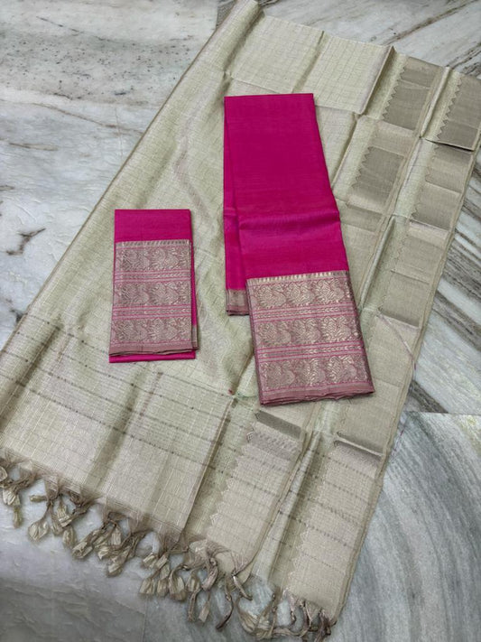 Mangalagiri Lehanga Sets Light Grey & Dark Pink Color 300 K Kanchi Border (Lehanga+Blouse+Dupatta) - IndieHaat