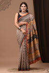 Pure Chanderi Silk Beige  Saree Handblock Printed with running blouse