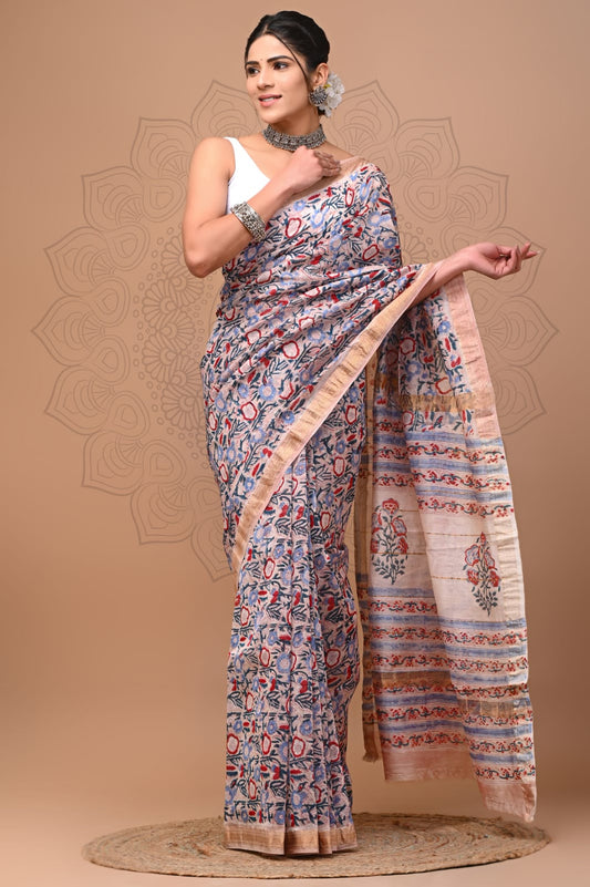 Pure Maheshwari Silk Saree Beige Hand block Printed with running blouse (Silk by Silk)-Indiehaat