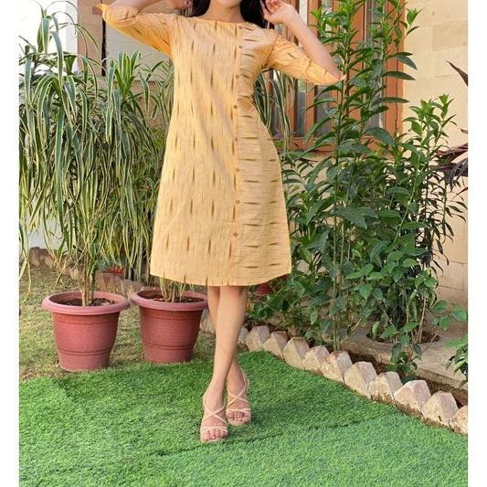 Pure Cotton Yellow Ikkat Handblock Printed Prestitched Dress (Size 34 to 46)-Indiehaat