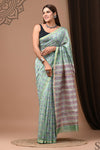 Pure Chanderi Silk  Light Green Saree Handblock Printed with running blouse