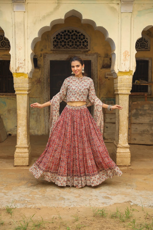Handblock Printed Cotton Lehanga And Top With Mulmul Dupatta (Size: 34-46) Beige & Red Color-Indiehaat