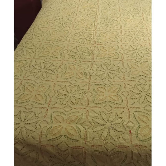 Handcrafted Yellow Aplique Work King Size Double Bed Cover (7.5 Ft X 9 Ft)
With 2 Pllow Covers And 2 Cushion Covers-Indiehaat