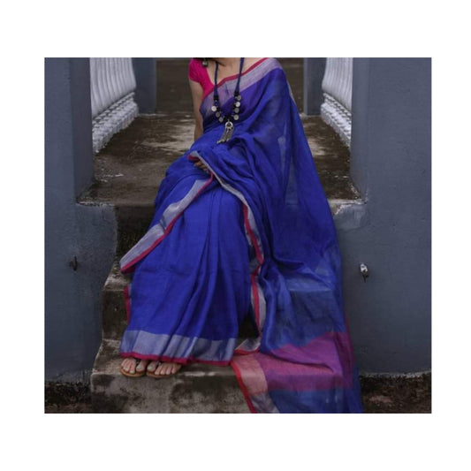 Handwoven Pure Linen Saree Ink Blue Color with Blouse-Indiehaat