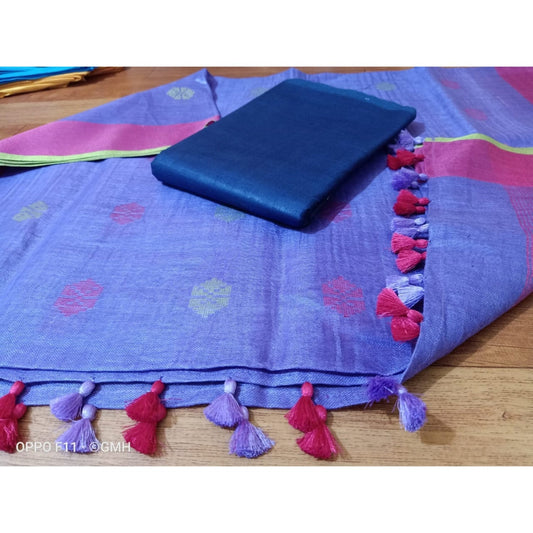 Handwoven Pure Linen Purple Dupatta Set with Katan Fabric Blue Top-Indiehaat