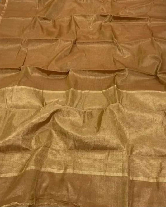 Maheshwari Tissue Silk Saree Metallic Brown Color with running blouse - IndieHaat