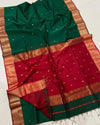 Maheshwari Handloom Handwoven Saree Dark Green Color Double Design Zari Border with flower buti pallu and contrast blouse - IndieHaat