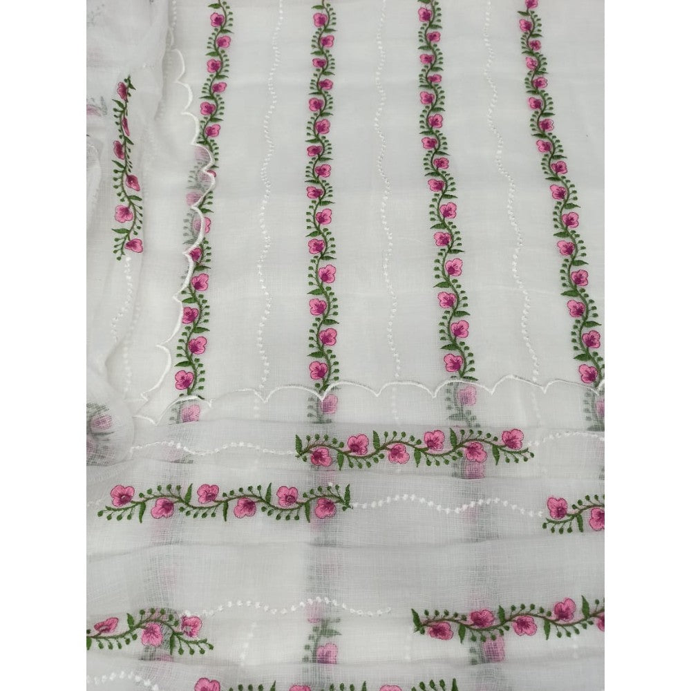 Kota Doria White Suit Material Embroidered and Hand Dyed with Dupatta-Indiehaat