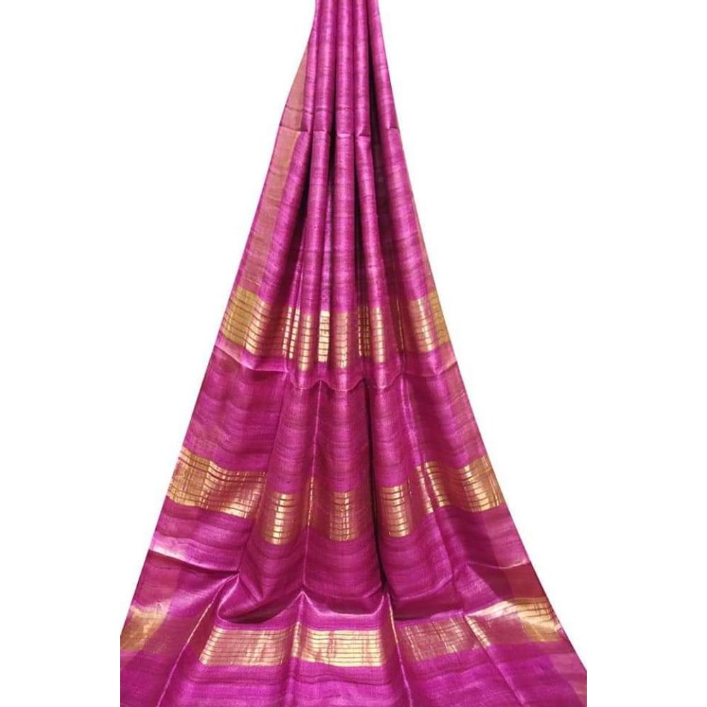 Silkmark Certified Tussar Silk Handloom Hand Dyed  Pink Saree with Pallu Colour Blouse-Indiehaat