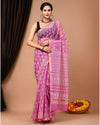 Kota Doria Cotton Saree Pink  Color Block printed with running blouse - IndieHaat