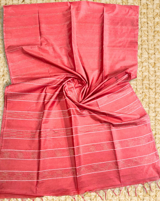 Pure Kota Silk Weaving Saree Coral Pink Color with Dupion Strip and running blouse - IndieHaat