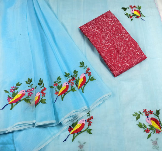 Kota Doria Embroidery Blue Saree with Pink blouse Handcrafted-Indiehaat