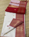 Maheshwari Handloom Silk Saree White Color with Golden Zari Double Design border Paan Buti, Red Color Pallu and running blouse - IndieHaat