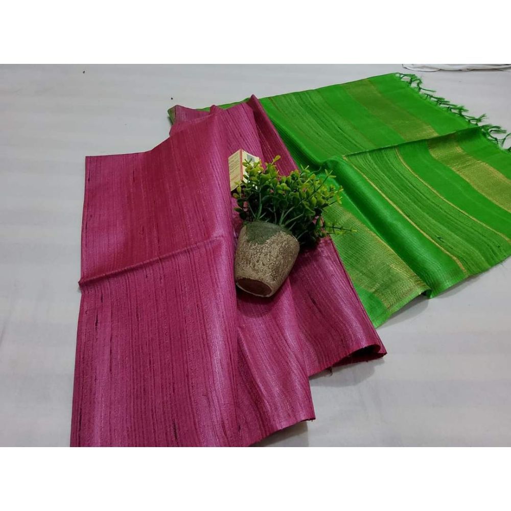 Silkmark Certified Eri Tussar Striped Pink Body Saree with Green Pallu Colour Blouse-Indiehaat