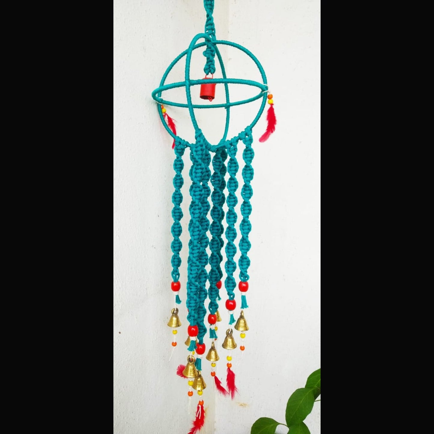 Macrame Blue Wind Chime With Brass Bells And Feathers-Indiehaat