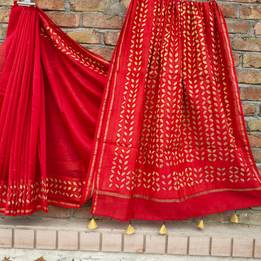 Chanderi Silk Red Saree Hand Applique Work with running blouse-Indiehaat