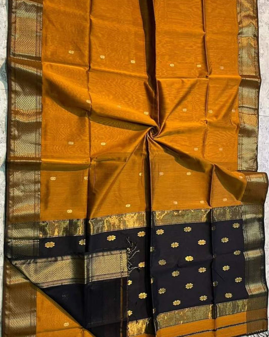 Maheshwari Silk Saree Metallic Orange Color Handloom Handwoven Zari Border with flower Buti work pallu and contrast blouse - IndieHaat