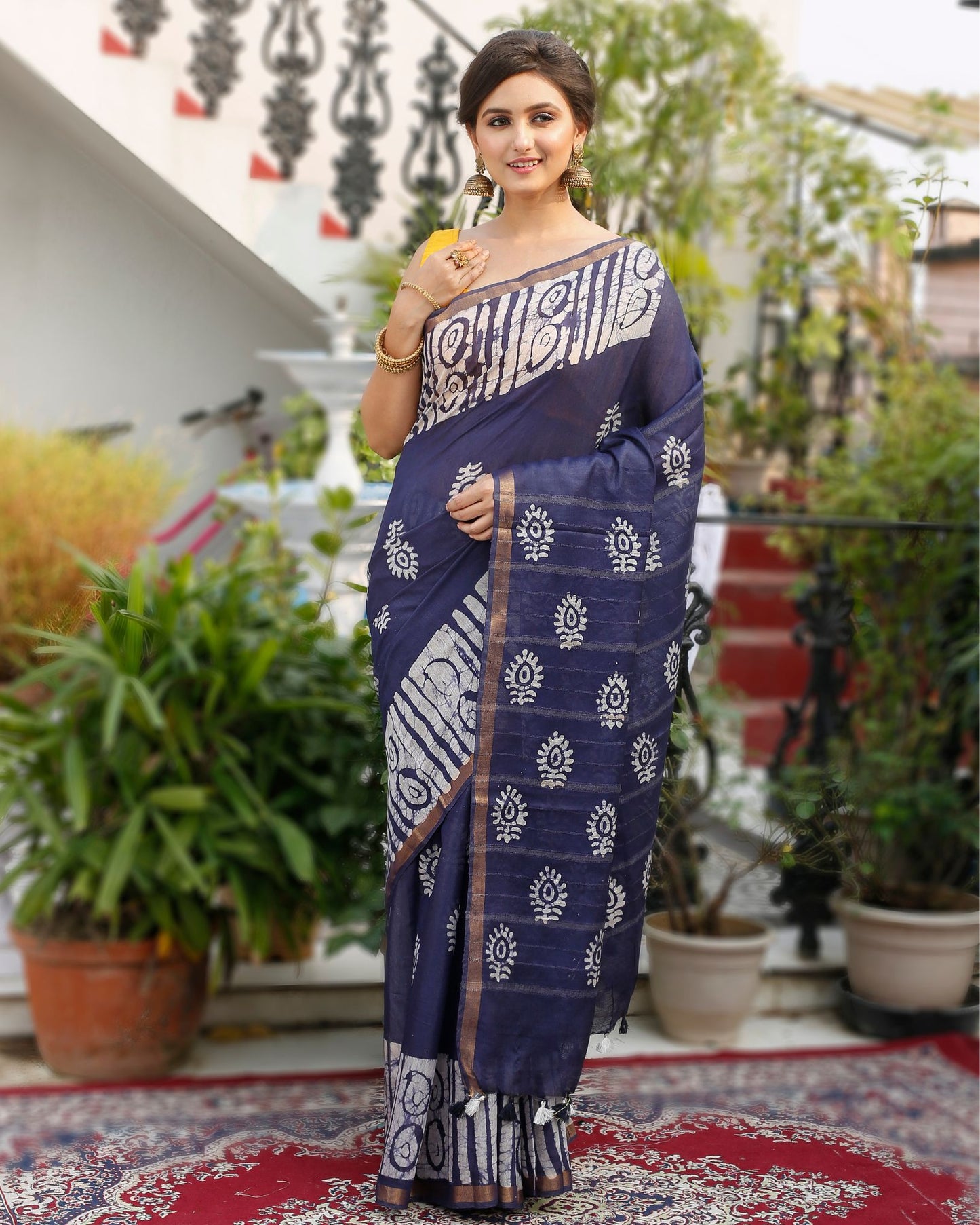 Kota Silk Saree Slate Blue Color Batik Print with running blouse - IndieHaat