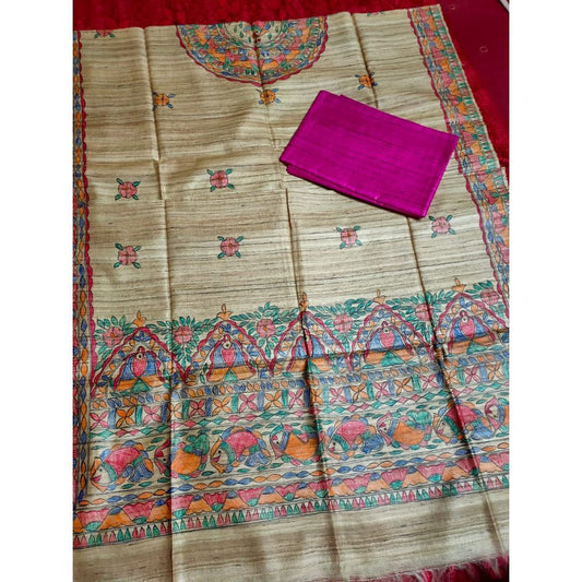 Silkmark Certified Tussar Grullo Silk Madhubani Dupatta and Plain Tussar Violet Silk Top (Tussar by Tussar)-Indiehaat