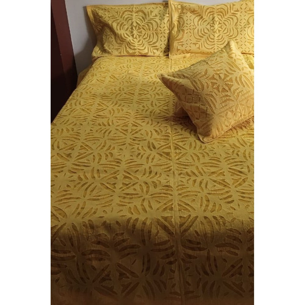 Handcrafted Yellow Aplique Work King Size Double Bed Cover (7.5 Ft X 9 Ft)
With 2 Pllow Covers And 2 Cushion Covers-Indiehaat